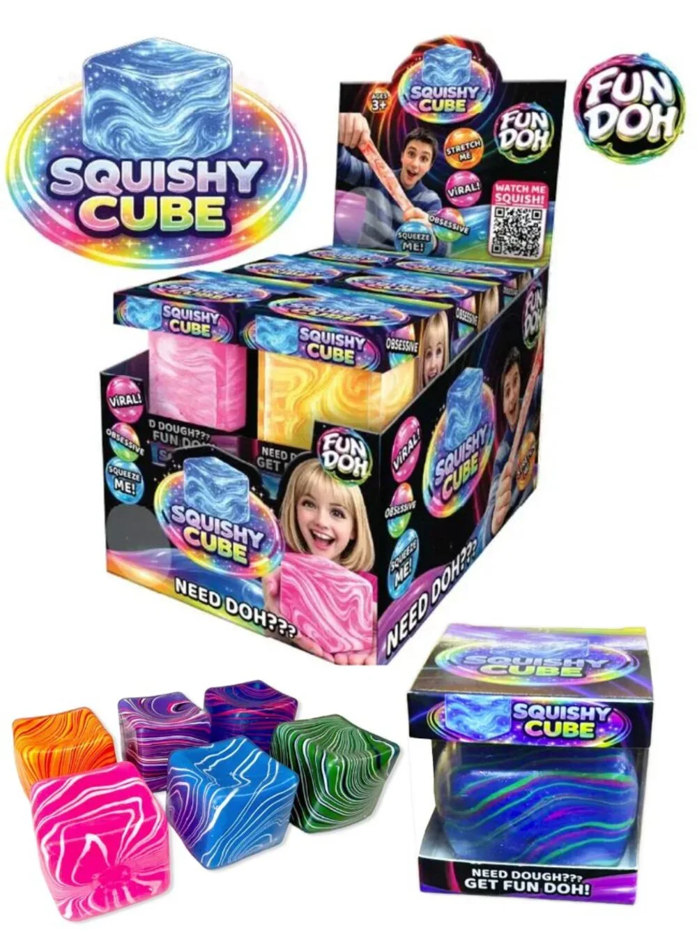 Fun Doh Swirl Squishy Cube Sensory Fidget Toy Mystery Color